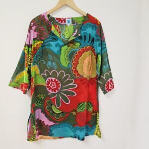 Karma Living Tunic Top Size XL Womens 70's Retro Floral 3/4 Sleeve Cotton Beach